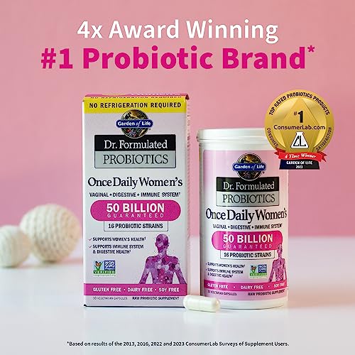 Dr. Formulated Probiotics for Women & Prebiotics, 50 Billion CFU for Women’s Daily Digestive Vaginal & Immune Health, Garden of Life 16 Probiotic Strains Shelf Stable No Gluten Dairy Soy, 30 Capsules