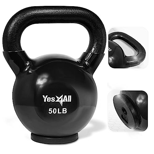 Yes4All Vinyl Coated Kettlebell With Protective Rubber Base, Strength Training Kettlebells for Weightlifting, Conditioning, Strength & Core Training (50LB - Black)
