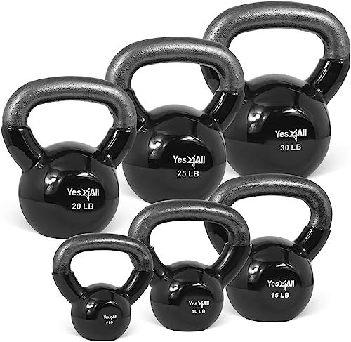 Yes4All Combo Vinyl Coated Kettlebell Weight Sets Great for Full Body Workout and Strength Training Black, 5 10 15 20 25 30 lbs