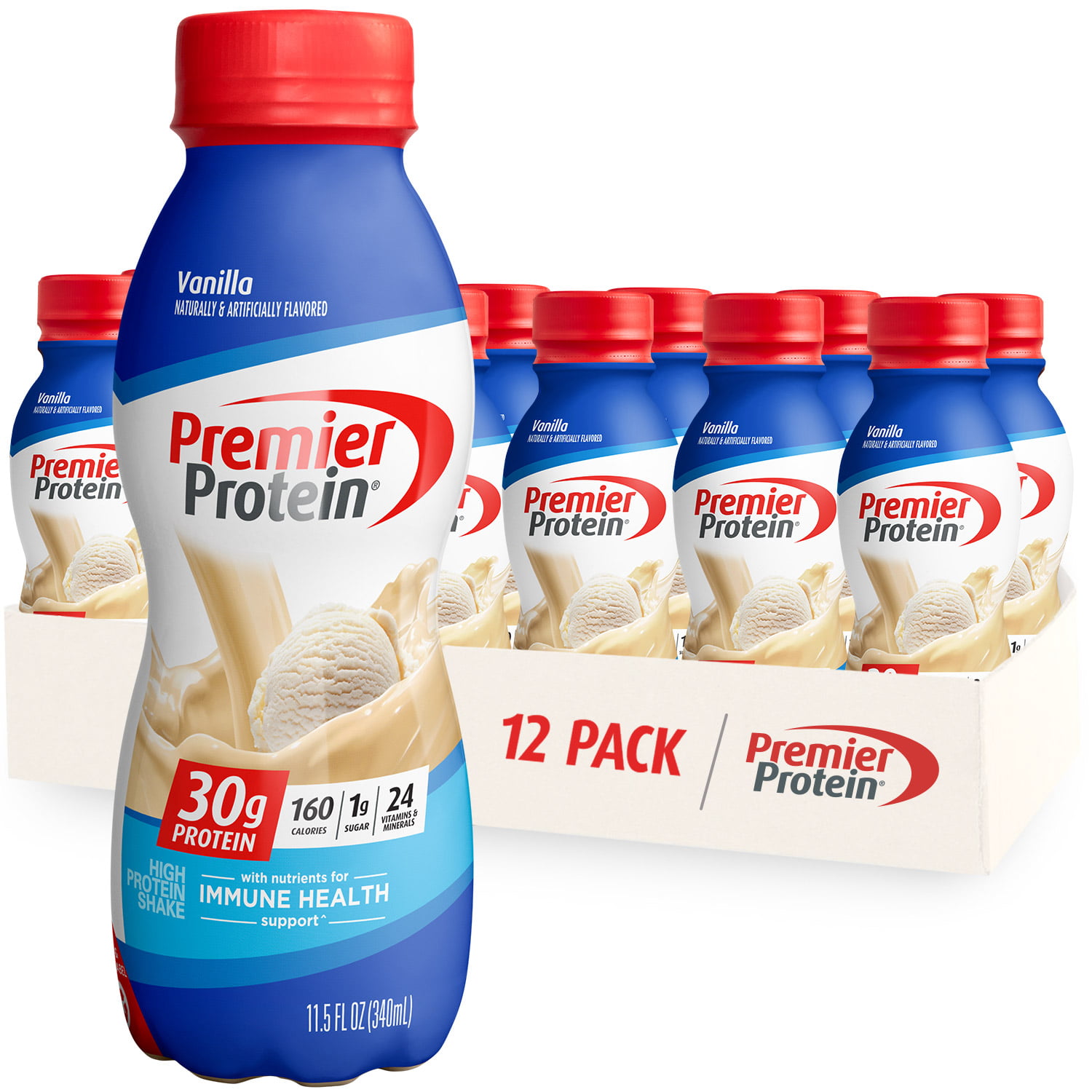 Premier Protein Shake, Vanilla, 30g Protein, 1g Sugar, 24 Vitamins & Minerals, Nutrients to Support Immune Health 11.5 Fl Oz (Pack of 12)