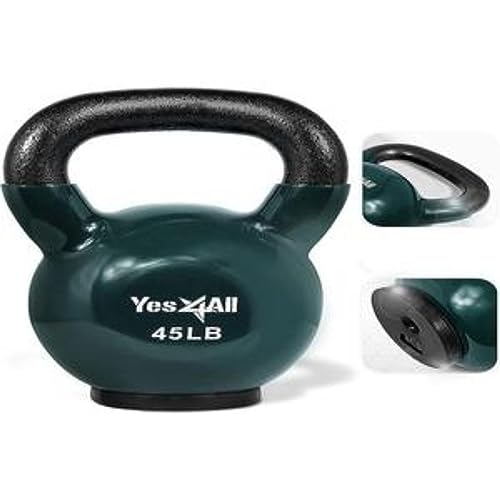 Yes4All Vinyl Coated Kettlebell With Protective Rubber Base, Strength Training Kettlebells for Weightlifting, Conditioning, Strength & Core Training (45LB - Midnight Green)