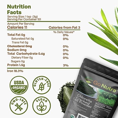 Go Nutra Chlorella Powder Organic Raw Non-GMO 100% Pure Cracked Cell Wall Green Superfood High Protein Chlorophyll for Smoothie Vegan Supplement (1 lb. (16 oz.))