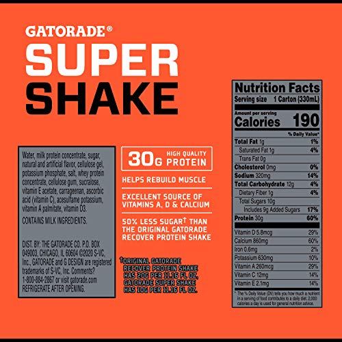 Gatorade Super Shake, Vanilla, 30g Protein, 11.6 Fl oz Carton, (Pack of 12)