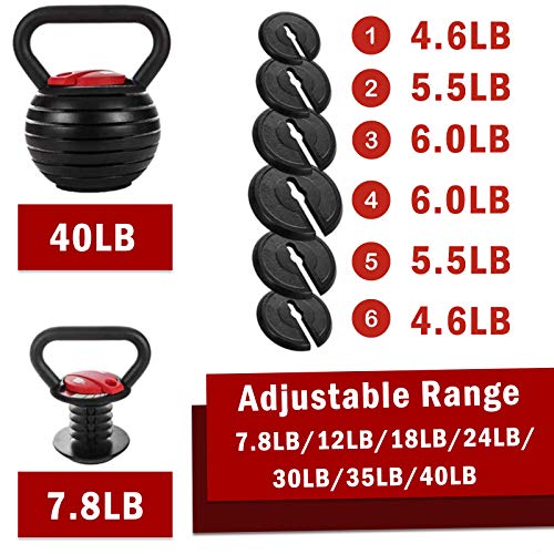 Time wave 10-40LBS Adjustable Kettlebell Weights Sets for Men Women Home Fitness Gym Equipment, Cast Iron Kettle Bell Set for Exercises, Weightlifting, Conditioning, Strength and Core Training (Red)