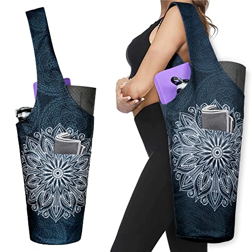 Mandala Black Yoga Mat Tote Bag with Pockets