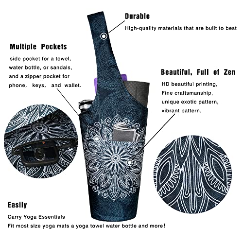Mandala Black Yoga Mat Tote Bag with Pockets