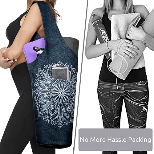 Mandala Black Yoga Mat Tote Bag with Pockets