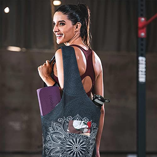 Mandala Black Yoga Mat Tote Bag with Pockets