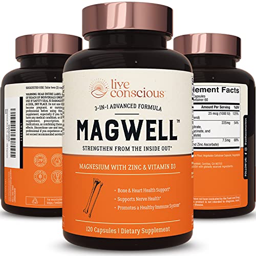 Live Conscious Magwell Magnesium Zinc & Vitamin D3 - Highly Bioavailable Magnesium: Glycinate, Malate, & Citrate - 3-in-1 Magnesium Supplement for Sleep - Bone, Heart, Immune Support - 120 Capsules