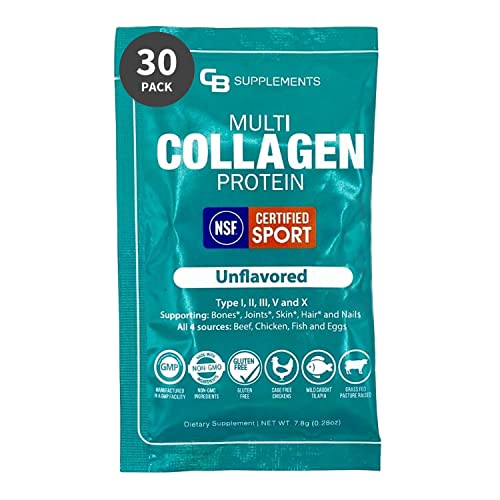 CB Supplements NSF Certified for Sport Multi Collagen Protein Powder Bone, Skin, Hair, and Joint Support (30 Pack), Single Serves | Hydrolyzed Collagen Supplements (Unflavored)