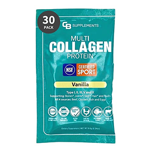 CB Supplements NSF Certified for Sport Multi Collagen Protein Powder Bone, Skin, Hair, and Joint Support (30 Pack), Single Serves | Hydrolyzed Collagen Supplements (Vanilla)