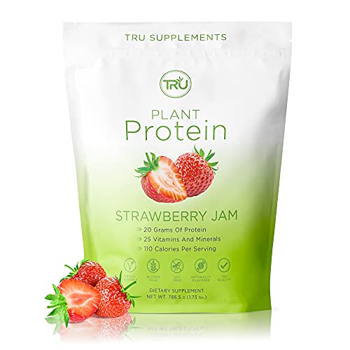 TRU Plant Based Protein Powder, BCAA, EAA, 20g Vegan Protein, 100 Calories, 27 Vitamins, No Artificial Sweeteners 25 Servings (Strawberry Jam)