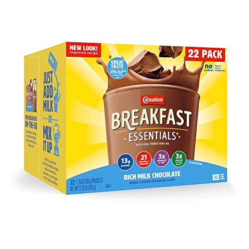 Carnation Breakfast Essentials Powder Drink Mix, Rich Milk Chocolate, 22 Count Box of Packets (Packaging May Vary)