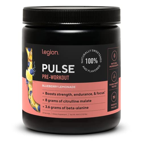 LEGION Pulse Pre Workout Supplement - All Natural Nitric Oxide Preworkout Drink to Boost Energy, Creatine Free, Naturally Sweetened, Beta Alanine, Citrulline, Alpha GPC (Blueberry Lemonade)