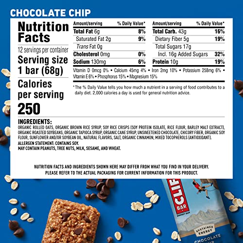 CLIF BARS - Energy Bars - Chocolate Chip - Made with Organic Oats - Plant Based Food - Vegetarian - Kosher (2.4 Ounce Protein Bars, 12 Count) Packaging May Vary