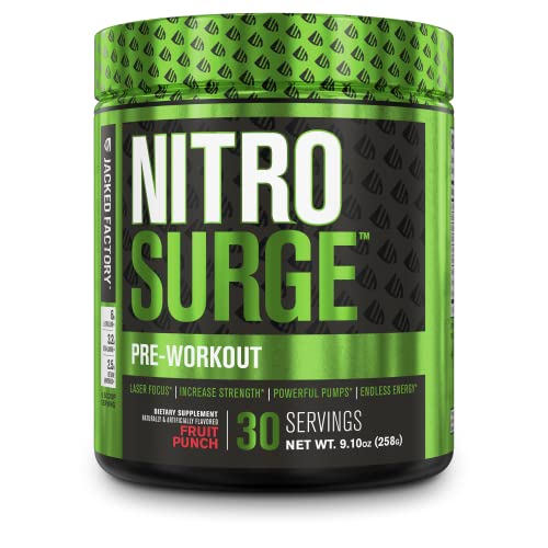 NITROSURGE Pre Workout Supplement - Endless Energy, Instant Strength Gains, Clear Focus, Intense Pumps - Nitric Oxide Booster & Powerful Preworkout Energy Powder - 30 Servings, Fruit Punch