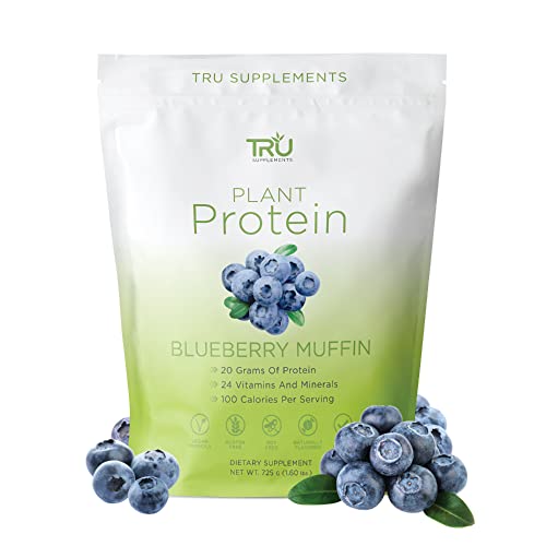 TRU Plant Based Protein Powder, BCAA, EAA, 20g Vegan Protein, 100 Calories, 27 Vitamins, No Artificial Sweeteners 25 Servings (Blueberry Muffin)