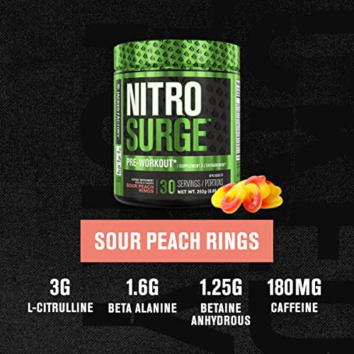 NITROSURGE Pre Workout Supplement - Endless Energy, Instant Strength Gains, Clear Focus, Intense Pumps - Nitric Oxide Booster & Powerful Preworkout Energy Powder - 30 Servings, Sour Peach Rings