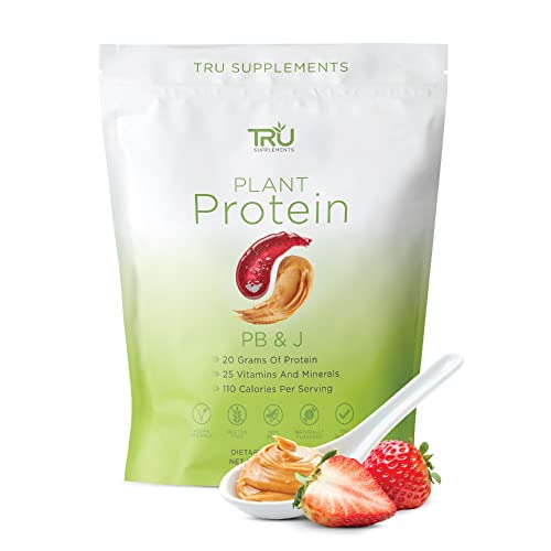 TRU Plant Based Protein Powder, BCAA, EAA, 20g Vegan Protein, 100 Calories, 27 Vitamins, No Artificial Sweeteners 25 Servings (PB & J)