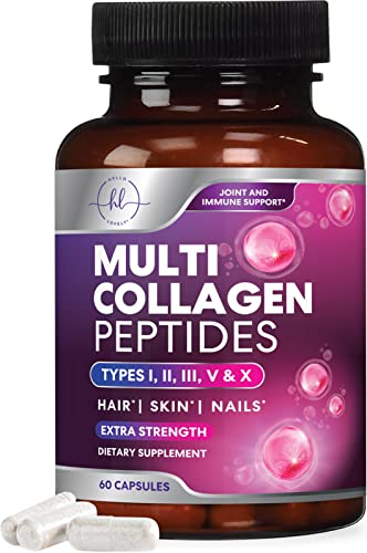Collagen Peptides - Hair, Skin, Nail & Joint Support - Type I, II, III, V & X - Grass Fed Multi Collagen Supplement for Women & Men - Naturally Sourced Hydrolyzed Collagen, Non GMO - 60 Capsules