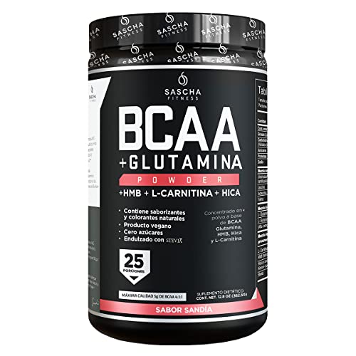 SASCHA FITNESS BCAA 4:1:1 + Glutamine,HMB,L-Carnitine,HICA | Powerful and Instant Powder Blend with Branched Chain Amino Acids (BCAAs) for Pre,Intra and Post-Workout | Natural Watermelon Flavor,350g