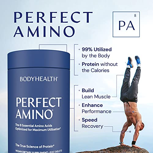 BodyHealth PerfectAmino, All 8 Essential Amino Acids with BCAAs + Lysine, Phenylalanine, Threonine, Methionine, Tryptophan, Supplement for Muscle Mass Production, Recovery & Strength (600 ct)