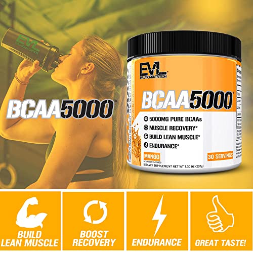 Evlution EVL BCAAs Amino Acids Powder - BCAA Powder Post Workout Recovery Drink and Stim Free Pre Workout Energy Drink Powder - 5g Branched Chain Amino Acids Supplement for Men - Mango