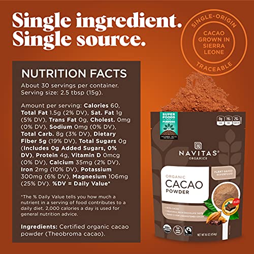Navitas Organics Cacao Powder, 16 oz. Bags (Pack of 2) — Organic, Non-GMO, Fair Trade, Gluten-Free (19-002)