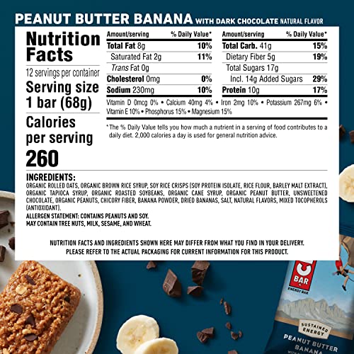 CLIF BARS - Energy Bars - Peanut Butter Banana with Dark Chocolate - Made with Organic Oats - Plant Based Food - Vegetarian - Kosher (2.4 Ounce Protein Bars, 12 Count) Packaging May Vary