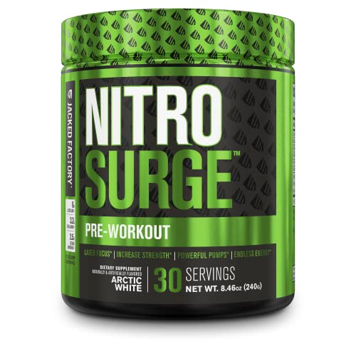 NITROSURGE Pre Workout Supplement - Endless Energy, Instant Strength Gains, Clear Focus, Intense Pumps - Nitric Oxide Booster & Powerful Preworkout Energy Powder - 30 Servings, Arctic White