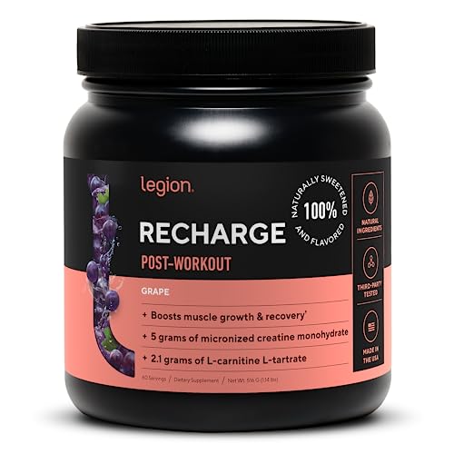 LEGION Recharge Post Workout Supplement - All Natural Muscle Builder & Recovery Drink with Micronized Creatine Monohydrate. Naturally Sweetened & Flavored, Safe & Healthy. (Grape, 60 Serving)