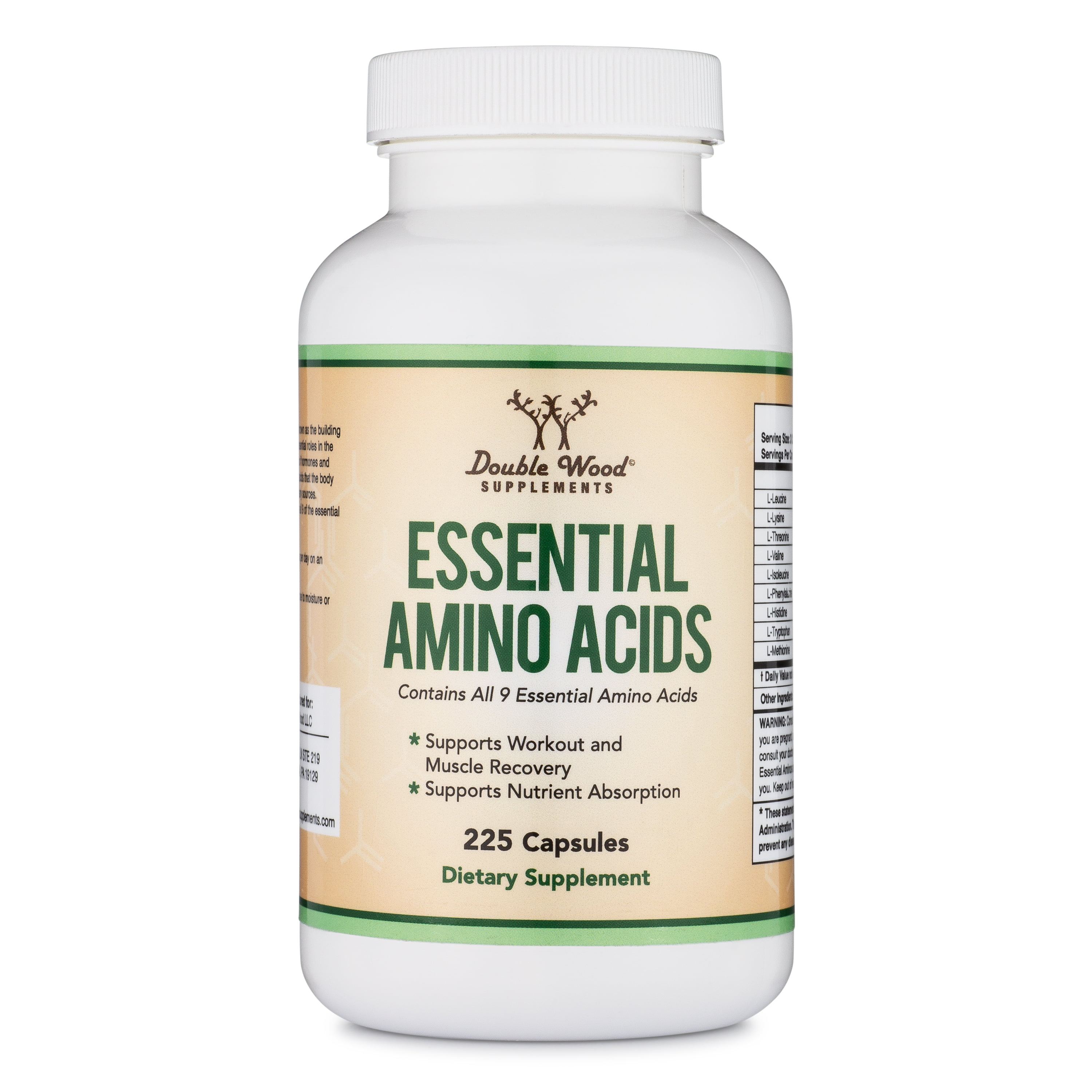 Essential Amino Acids - 1 Gram Per Serving Powder Blend of All 9 Essential Aminos (EAA) and all Branched-Chain Aminos (BCAAs) (Leucine, Isoleucine, Valine) 225 Capsules by Double Wood Supplements