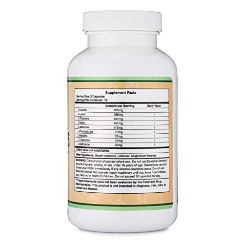 Essential Amino Acids - 1 Gram Per Serving Powder Blend of All 9 Essential Aminos (EAA) and all Branched-Chain Aminos (BCAAs) (Leucine, Isoleucine, Valine) 225 Capsules by Double Wood Supplements