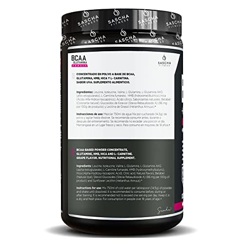 Sascha Fitness BCAA 4:1:1 + Glutamine, HMB, L-Carnitine, HICA | Powerful and Instant Powder Blend with Branched Chain Amino Acids (BCAAs) for Pre, Intra and Post-Workout