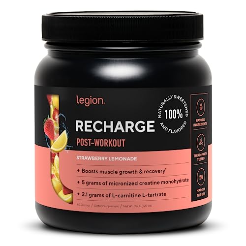 Legion Recharge Post Workout Supplement (Strawberry Lemonade) - All Natural Muscle Builder & Recovery Drink with Micronized Creatine Monohydrate. Naturally Sweetened & Flavored 60 Serving