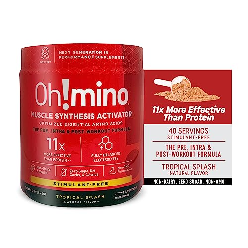 Oh!mino Sugar-and-Stimulant-Free Pre Workout Powder, Amino Energy Blend, Intra Workout or Post Workout Recovery Drink, Muscle Synthesis Activator, Tropical Splash, 280 g, 40 Servings - Oh!Nutrition