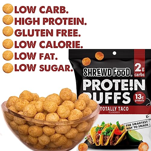 Shrewd Food Protein Puffs - High Protein, Low-Carb, Gluten-Free, Health Conscious Snacks, Keto Snacks, Non GMO, Soy-Free, Tree Nut Free, Peanut-Free, Never Fried - Totally Taco, 0.74 Oz (Pack of 8)