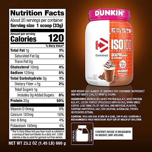 Dymatize ISO100 Hydrolyzed Protein Powder in Dunkin' Mocha Latte Flavor, 100% Whey Isolate, 25g Protein, 95mg Caffeine, 5.5g BCAAs, Gluten Free, Fast Absorbing, Easy Digesting, 20 Servings