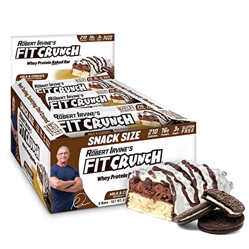 FITCRUNCH Snack Size Protein Bars, Designed by Robert Irvine, World’s Only 6-Layer Baked Bar, Just 3g of Sugar & Soft Cake Core (9 Count, Milk & Cookies)