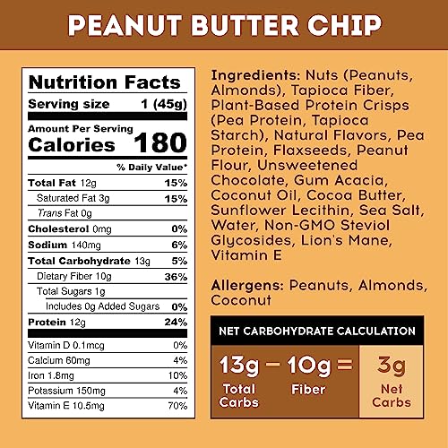 IQBAR Brain and Body Keto Protein Bars - Peanut Butter Chip Keto Bars - 24-Count Energy Bars - Low Carb Protein Bars - High Fiber Vegan Bars and Low Sugar Meal Replacement Bars - Vegan Snacks