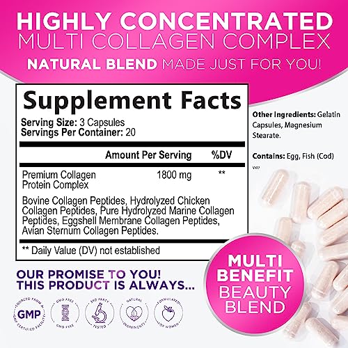 Collagen Peptides - Hair, Skin, Nail & Joint Support - Type I, II, III, V & X - Grass Fed Multi Collagen Supplement for Women & Men - Naturally Sourced Hydrolyzed Collagen, Non GMO - 60 Capsules