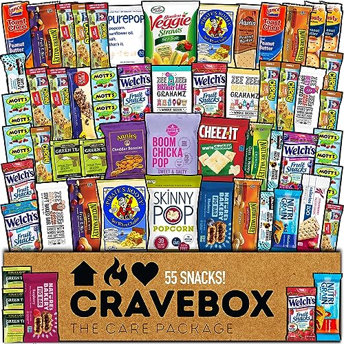 CRAVEBOX Healthy Snack Box Variety Pack Care Package (55 Count) Treats Gift Basket Kids Teens Men Women Adults Health Food Nuts Fruit Nutrition Assortment Mix Sample College Students Office Father's Day