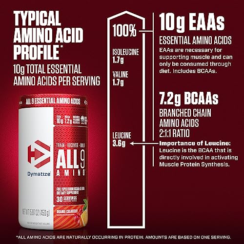 Dymatize All9 Amino, 7.2g of BCAAs, 10g of Full Spectrum Essential Amino Acids Per Serving for Recovery and Optimal Muscle Protein Synthesis, Orange Cranberry, 30 Servings, 15.87 Ounce