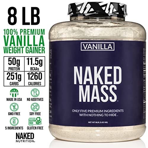 Naked Mass - All Natural Weight Gainer Protein Powder - 8lb Bulk, GMO Free, Gluten Free & Soy Free. No Artificial Ingredients - 1,250 Calories - 11 Servings