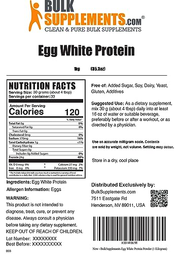 BulkSupplements.com Egg White Protein Powder (Egg White Powder) - Unflavored, Dairy Free, Lactose Free Protein Powder - 24g of Protein - 30g per Serving, 33 Servings (1 Kilogram - 2.2 lbs)