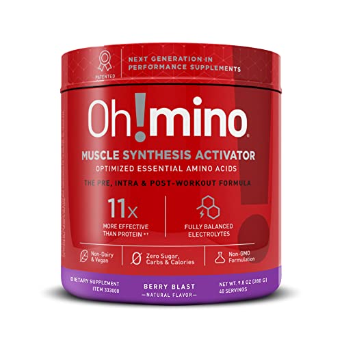 Oh!mino Pre Workout Powder, Amino Energy Blend, Sugar-Free Intra Workout or Post Workout Recovery Drink, Muscle Synthesis Activator, Caffeinated Berry Blast, 280 g, 40 Servings - Oh!Nutrition