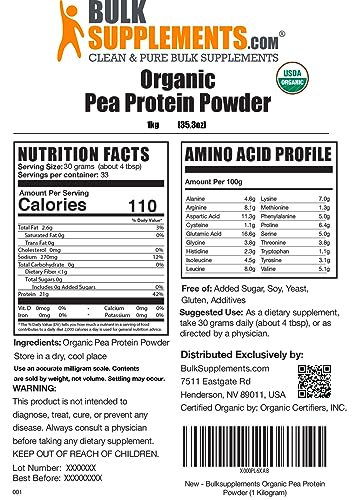 BulkSupplements.com Pea Protein Isolate Powder - Pea Protein Powder Unflavored - Vegan Protein Powder Unflavored - 21g of Protein - 30g per Serving (1 Kilogram - 2.2 lbs)