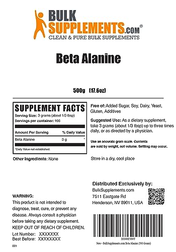 BULKSUPPLEMENTS.COM Beta Alanine Powder - Beta Alanine 3000mg, Beta Alanine Pre Workout, Beta Alanine BCAA, Beta Alanine Supplements - 3g (3000mg) per Serving, 166 Servings (500 Grams - 1.1 lbs)