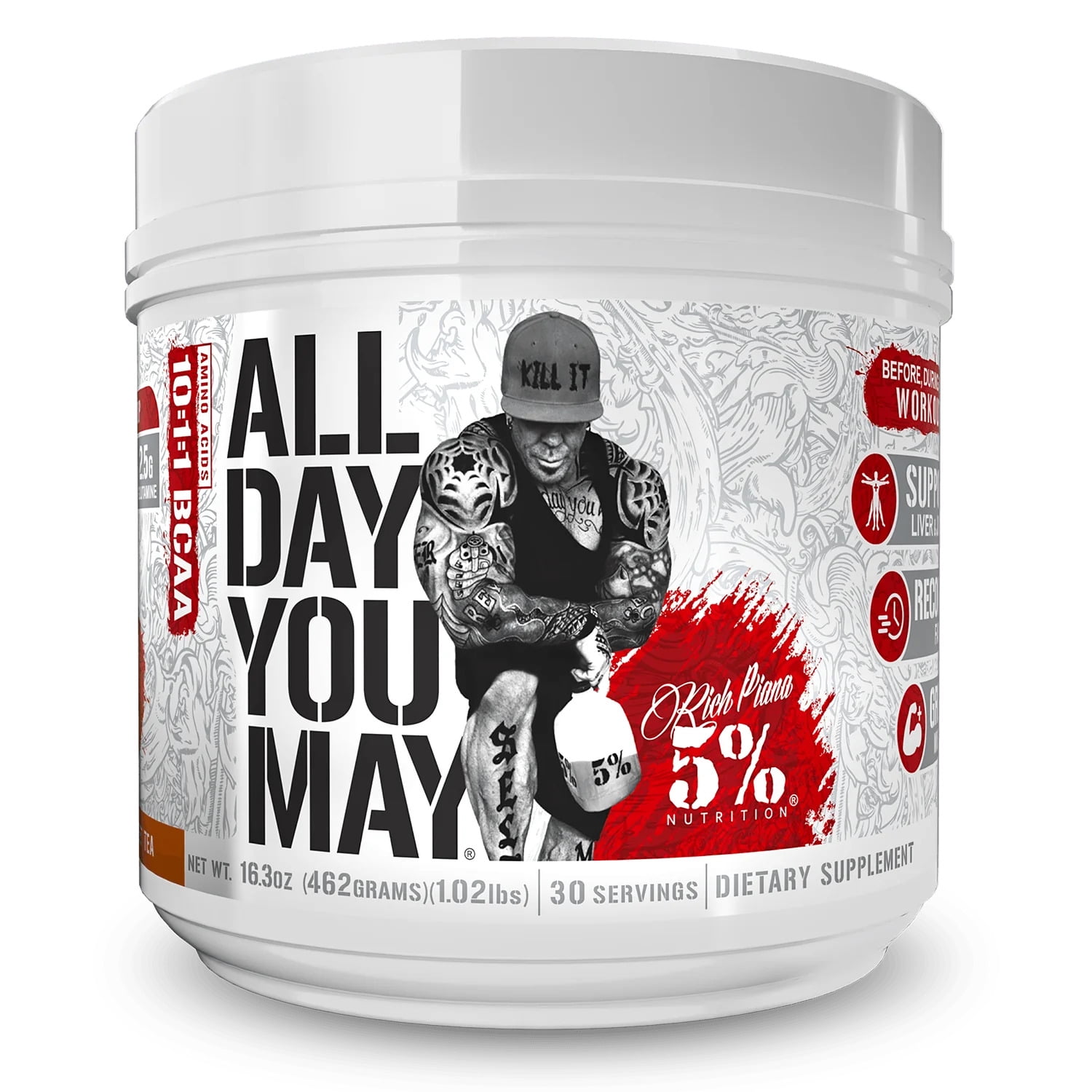 5% Nutrition Rich Piana AllDayYouMay BCAA Powder | Premium Intra & Post Workout Amino Acids, Hydration, Endurance, Muscle Recovery, Joint & Liver Support | 16.3 oz, 30 Servings (Southern Sweet Tea)