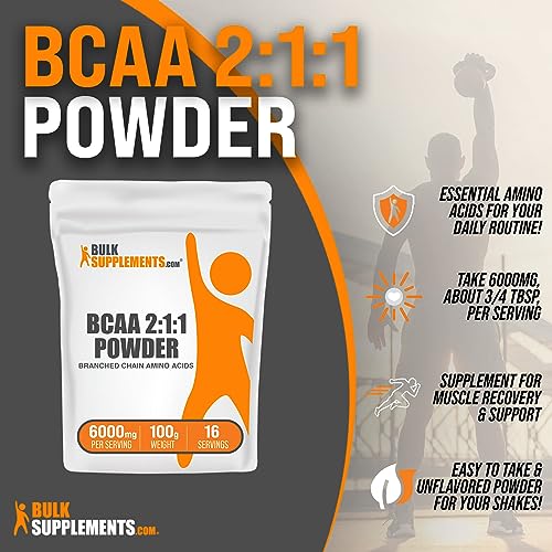 BULKSUPPLEMENTS.COM BCAA 2:1:1 Powder - Branched Chain Amino Acids - BCAA Powder - BCAAs Amino Acids Powder - Amino Acid Powder - 6000mg per Serving, 16 Servings (100 Grams - 3.5 oz)